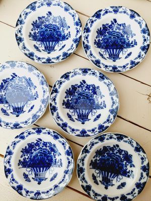 Antieke petit four bordjes Kobaltblauw – set van 6 – 12 cm – theetipjes