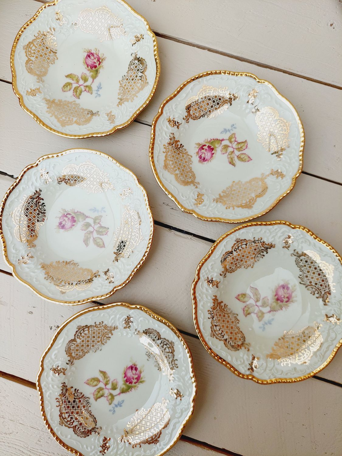 Vintage petit four bordjes Zeh Scherzer pioenroos-goud – set van 5 – 12 cm – theetipjes