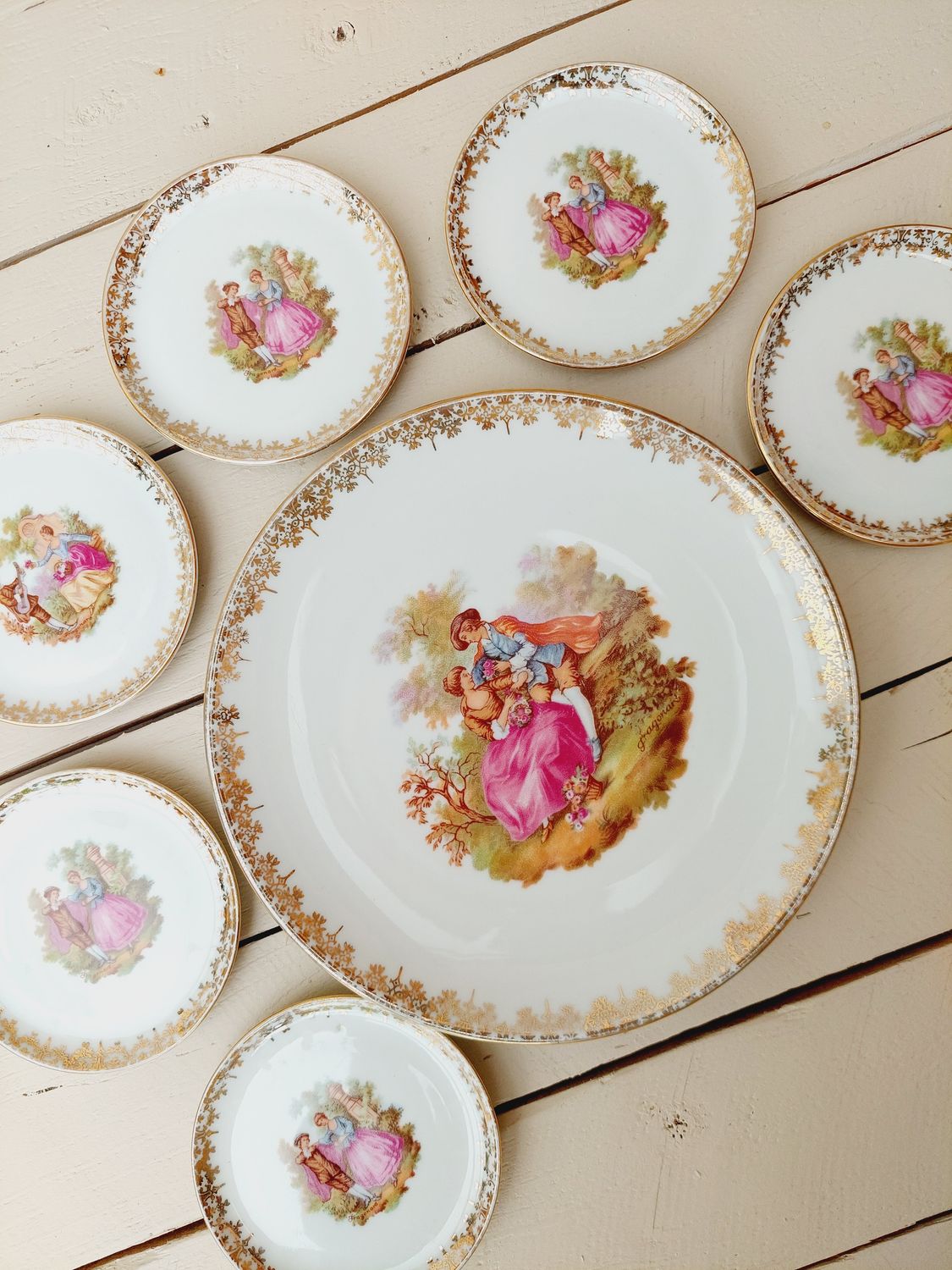 Vintage petit four bordjes Jean Honoré – set van 7 – 9,5 en 19,5 cm – theetipjes