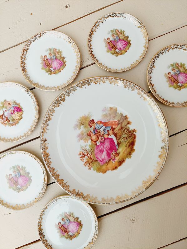 Vintage petit four bordjes Jean Honoré – set van 7 – 9,5 en 19,5 cm – theetipjes