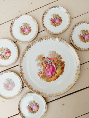 Vintage petit four bordjes Jean Honoré – set van 7 – 9,5 en 19,5 cm – theetipjes