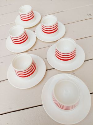 Eierdopjes wit kunststof met rode lijnen, DBP, set van 6