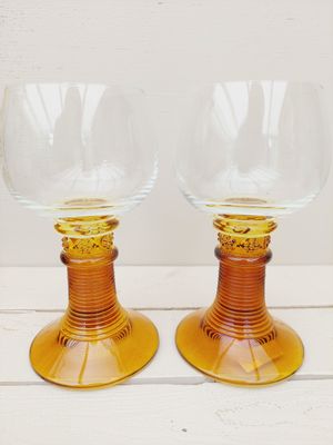 Roemer-wijnglazen met geribbelde voet in amberkleurig glas, set van 2
