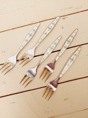 Vintage gebaksvorken met Blauw Saks patroon - HCU merkteken - set van 5