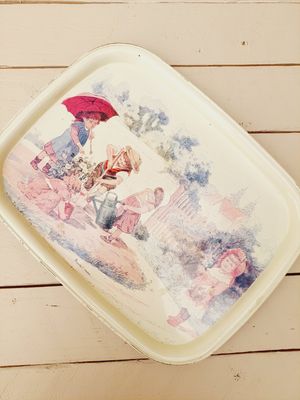 Dienblad Massily in blik met nostalgische tekening van kinderen die tuinieren - 31 x 24 cm