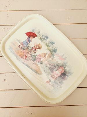 Dienblad Massily in blik met nostalgische tekening van kinderen die tuinieren - 40 x 28 cm