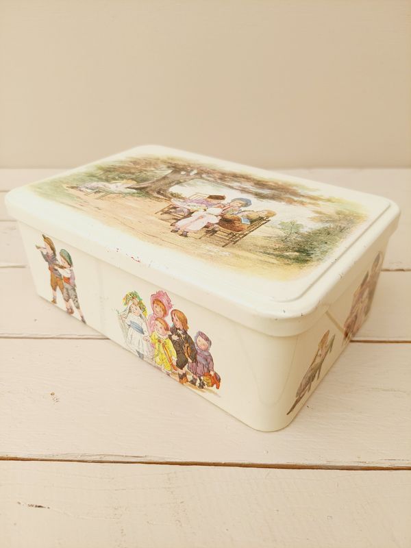 Vintage Massily blik met kinderen – Frans opbergblik met illustraties