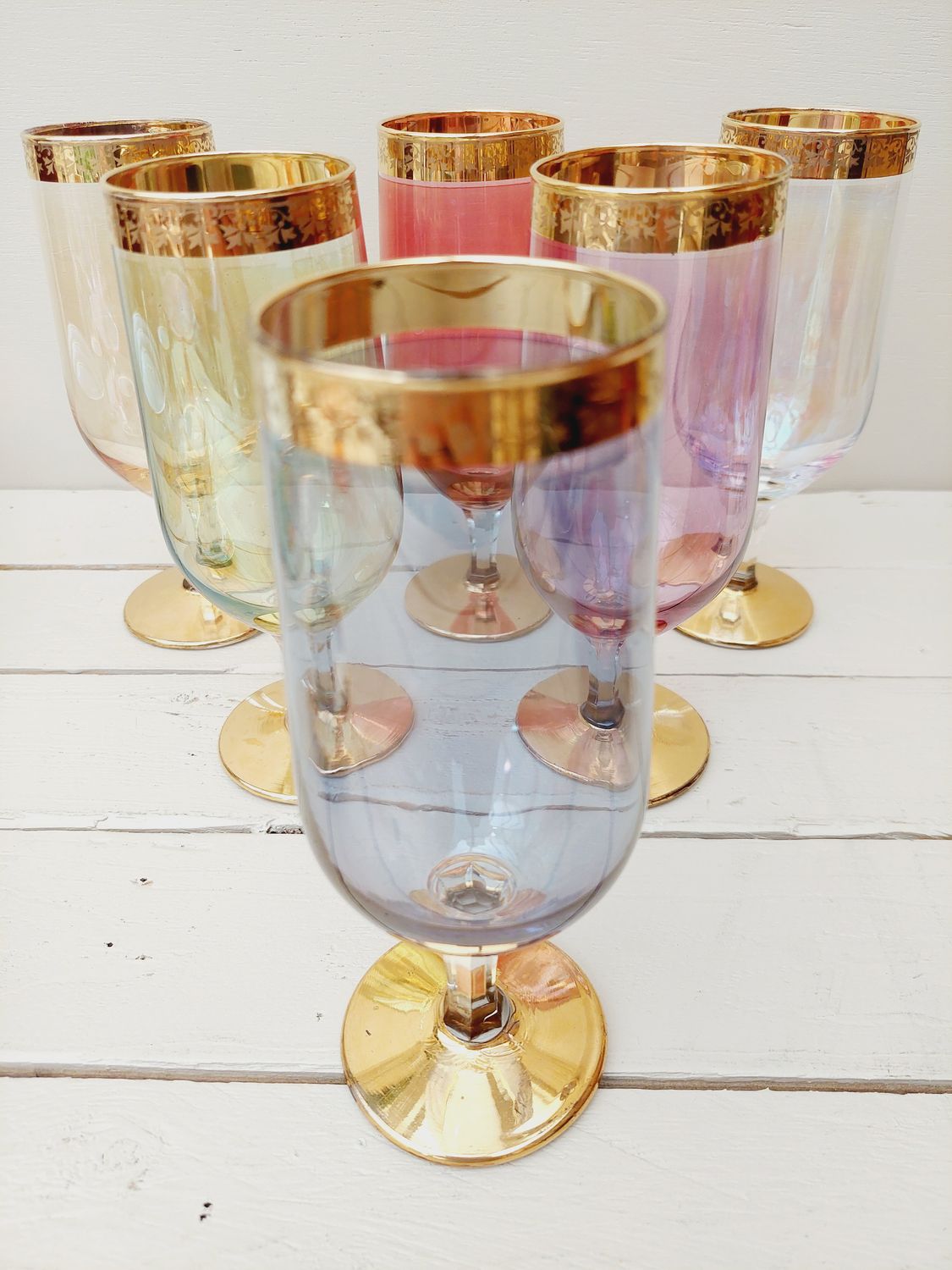 Vintage glazen in pasteltinten met gouden rand - Gekleurde glazen voor water, wijn of fris - set van 6