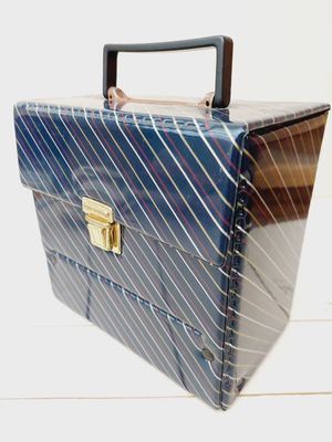 Vintage platenkoffer uit de jaren 70 – voor 7 inch singles – retro design donkerblauw gestreept