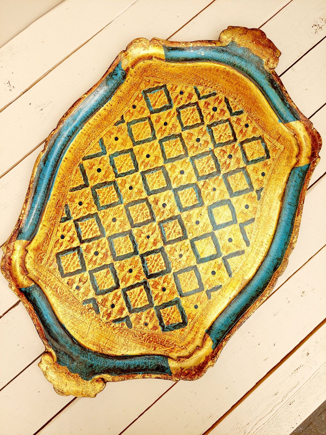 Groot Florentijns dienblad goud en blauw met handgrepen - 58 x 38 cm