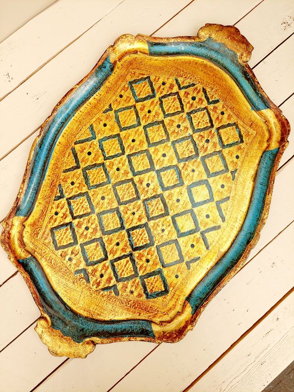 Groot Florentijns dienblad goud en blauw met handgrepen - 58 x 38 cm