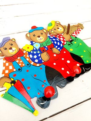 Kinderkapstok hout met drie beren - vrolijk vintage wanddecoratie - 3 haken