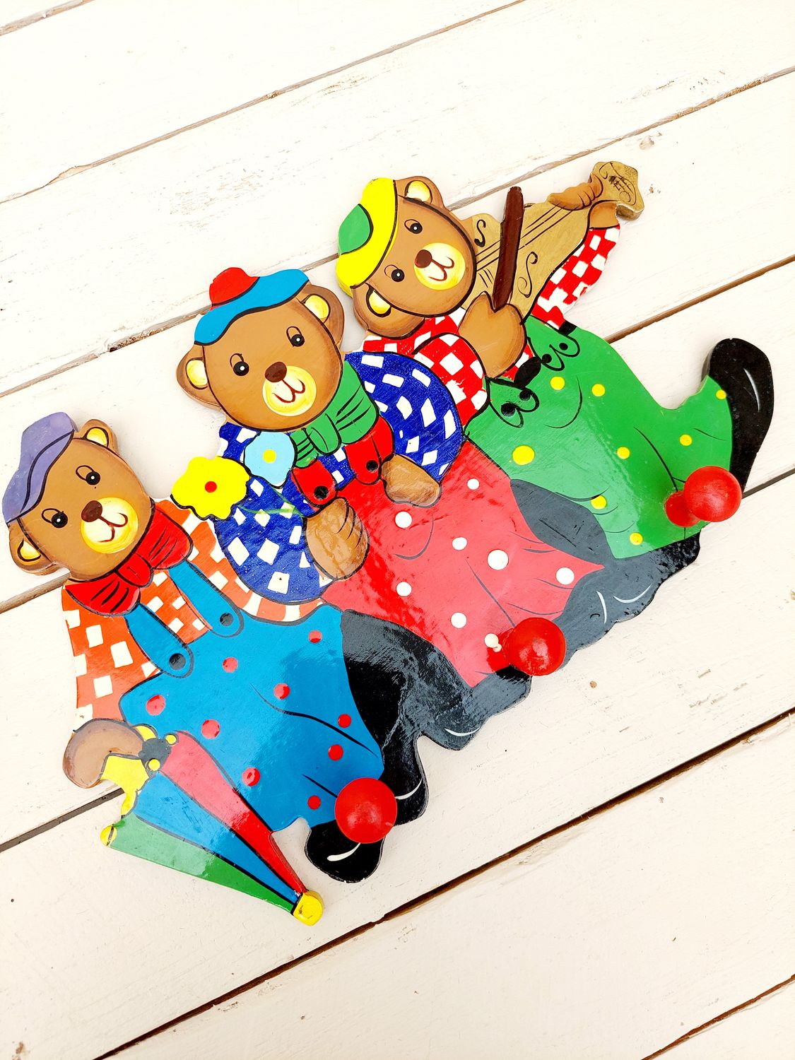 Kinderkapstok hout met drie beren - vrolijk vintage wanddecoratie - 3 haken