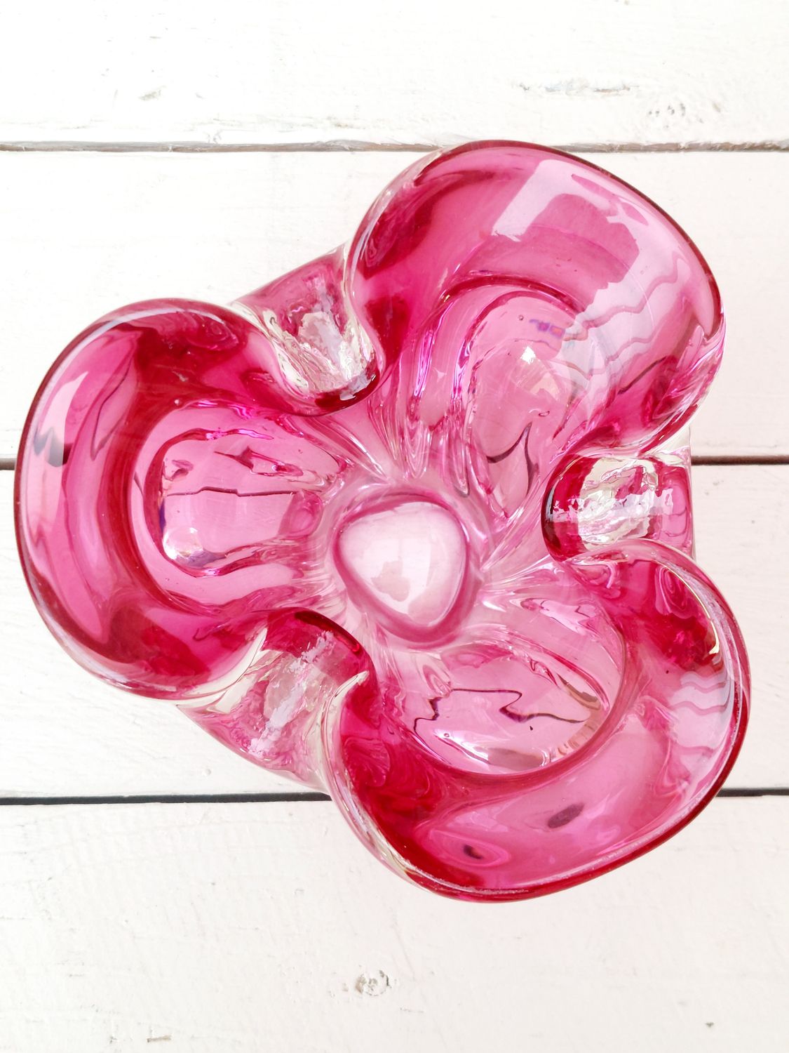 Vintage art Murano sierschaaltje - rood / paars / helder glas - dubbele laag glas