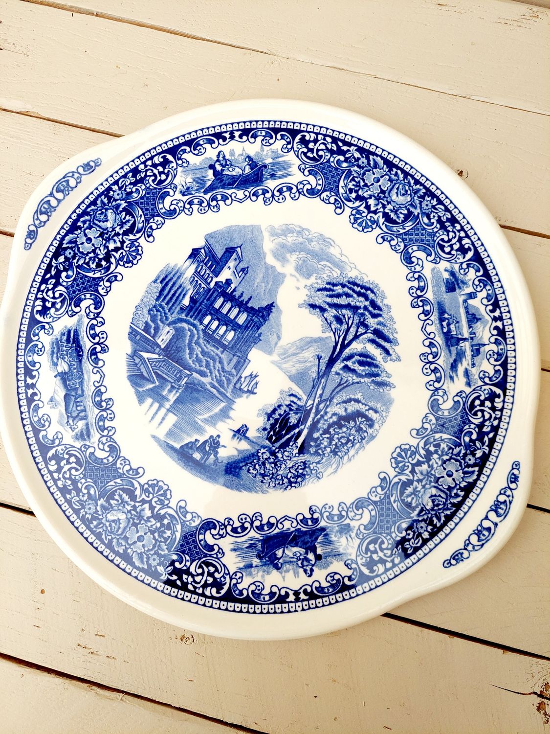 Vintage taartschotel Royal Sphinx Maastricht, Old England - 31 cm - blauw/wit transferware