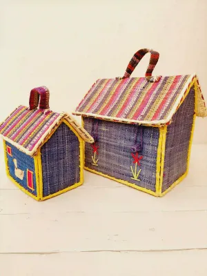 Draagtajes in de vorm van blauwe huisjes in rotan, set van 2