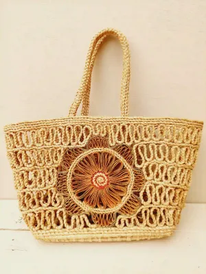 Rotan mini shopper - beige met bloemmotief ingewerkt