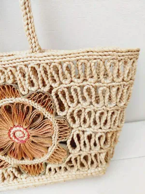 Rotan mini shopper - beige met bloemmotief ingewerkt