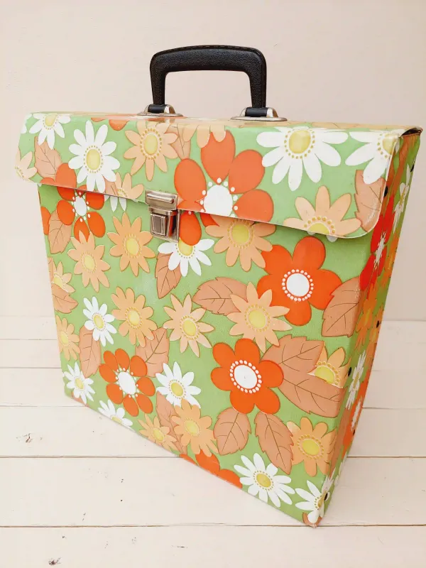 Vintage platenkoffer uit de jaren 70 – voor LP&#39;s – retro design in topstaat - gebloemd oranje, wit, groen