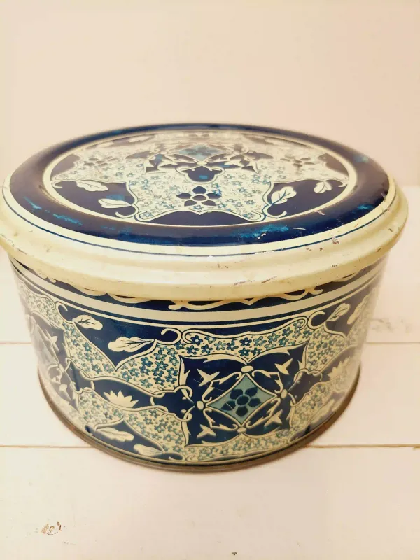 Vintage rond koekblik blauw - beige Van Nelle