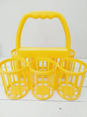Vintage flessenrek voor 6 flessen – oranjegeel kunststof, 1 liter formaat