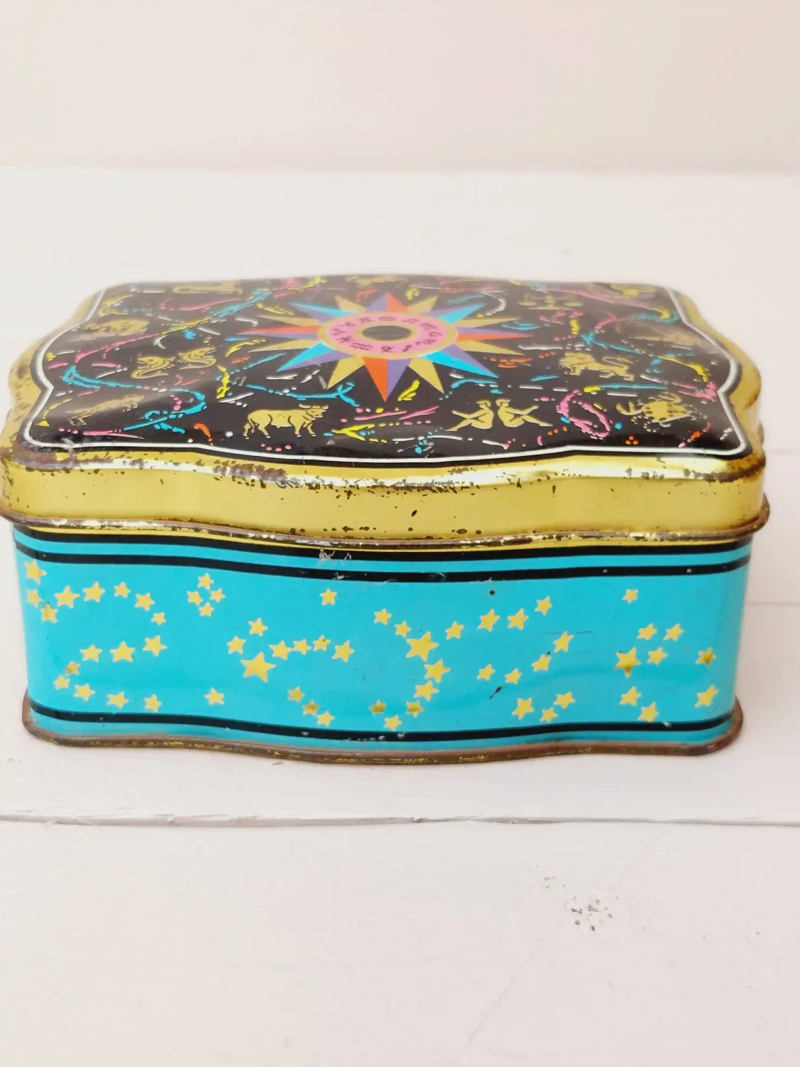 Vintage blik Confiserie Demaret - blauwgroen, goud, zwart