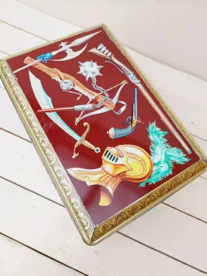 Vintage blik confiserie Demaret met Middeleeuwse wapenafbeeldingen