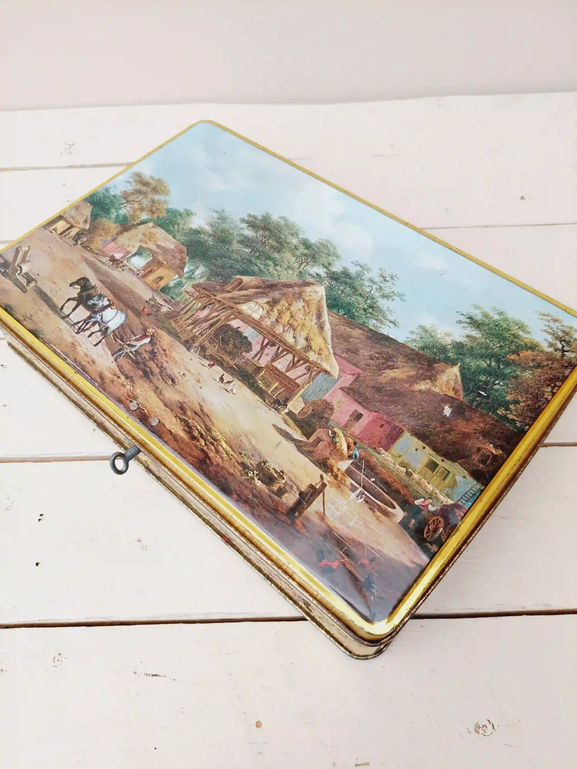 Retro chocoladeblik &#39;Jacques superchocolat&#39; met boerderijtaferelen