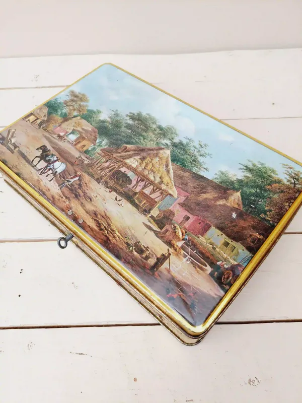 Retro chocoladeblik &#39;Jacques superchocolat&#39; met boerderijtaferelen