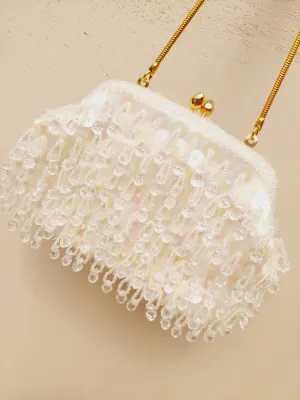 Vintage clutch in wit satijn met kralen met gouden sluiting