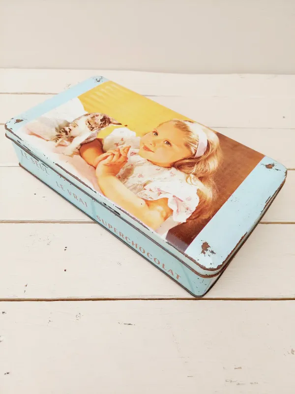 Retro chocoladeblik &#39;Jacques superchocolade&#39; met meisje &amp; katje