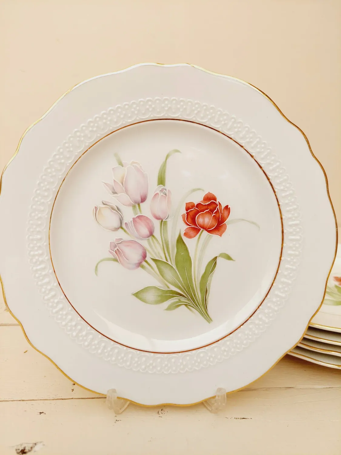 Vintage gebaksborden Dauher met bloemen en gouden rand, set van 5