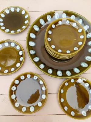Vintage bordenset groen met witte stippen, 10-delig