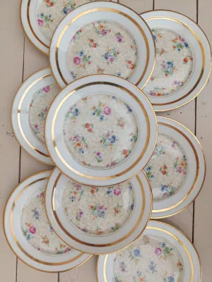 Vintage ebaksborden Limoges met bloemendecoratie en dubbele gouden rand - per stuk verkrijgbaar