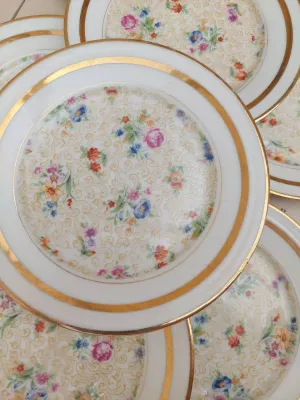 Vintage gebaksborden Limoges, met verfijnde bloemen en dubbele gouden rand, per stuk verkrijgbaar