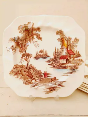 Vintage gebaksborden Johnson Brothers, vierkant, &#39;de oude molen&#39;, set van 6