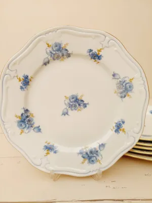 Vintage gebaksborden VEB Reichenbach, blauwe fijne bloemen, set van 6