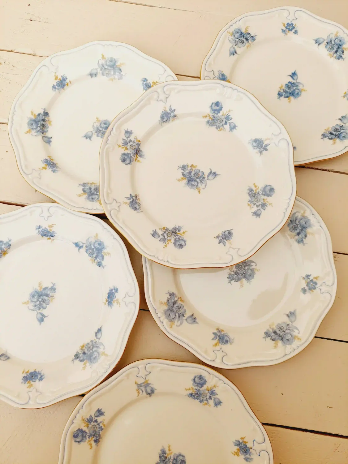 Vintage gebaksborden VEB Reichenbach, blauwe fijne bloemen, set van 6