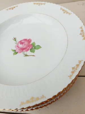 Vintage diep bord Seltmann Weiden Elisabeth - geschulpte rand, pioenroos en goud - 23 cm - set van 6