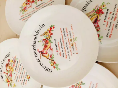 Vintage dinerborden Giraud Limoges, met recepten van Franse gerechten, set van 5
