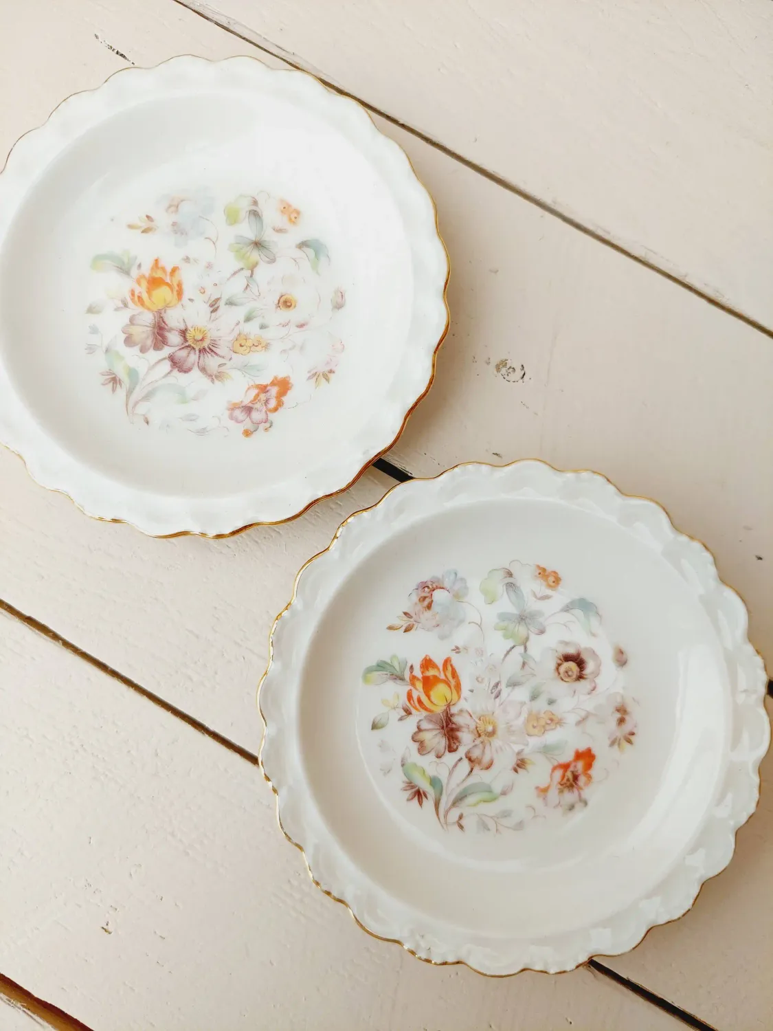 Vintage petit four bordjes Winterling crème-bloemen-gouden bloemenrand – set van 2 – 11,5 cm – theetipjes