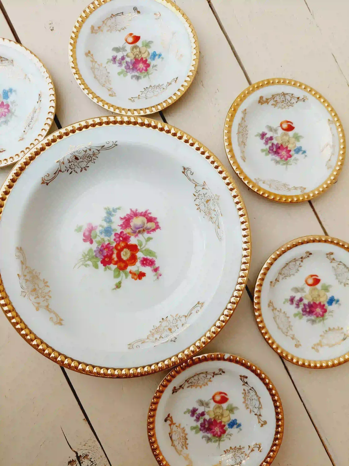Vintage petit four bordjes Zeh Scherzer pioenroos-goud – set van 5 – 12 cm – theetipjes