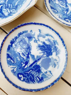 Vintage petit four bordjes blauw-wit-gouden randen – set van 7 – 10,5 en 18 cm – theetipjes