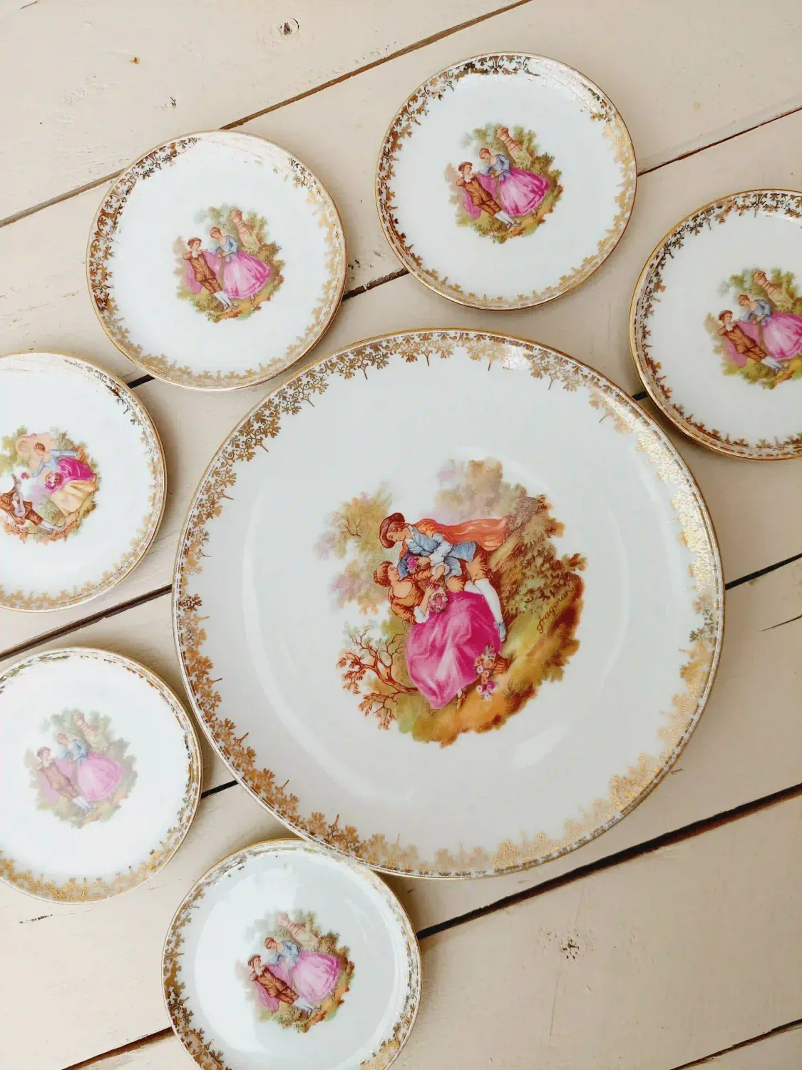Vintage petit four bordjes Jean Honoré - Bavaria Schaller - set van 7 - 9,5 en 19,5 cm - theetipjes