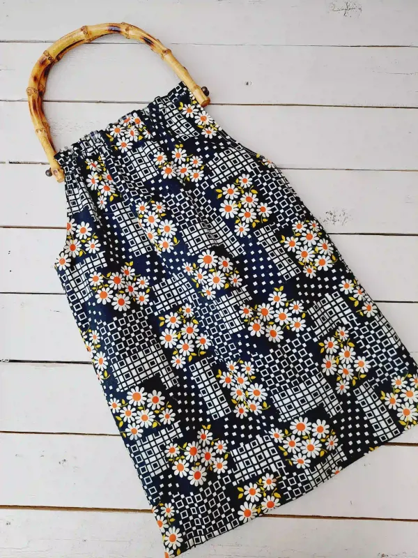 Vintage draagtas met bamboe handvat en stoffen zak, omkeerbaar