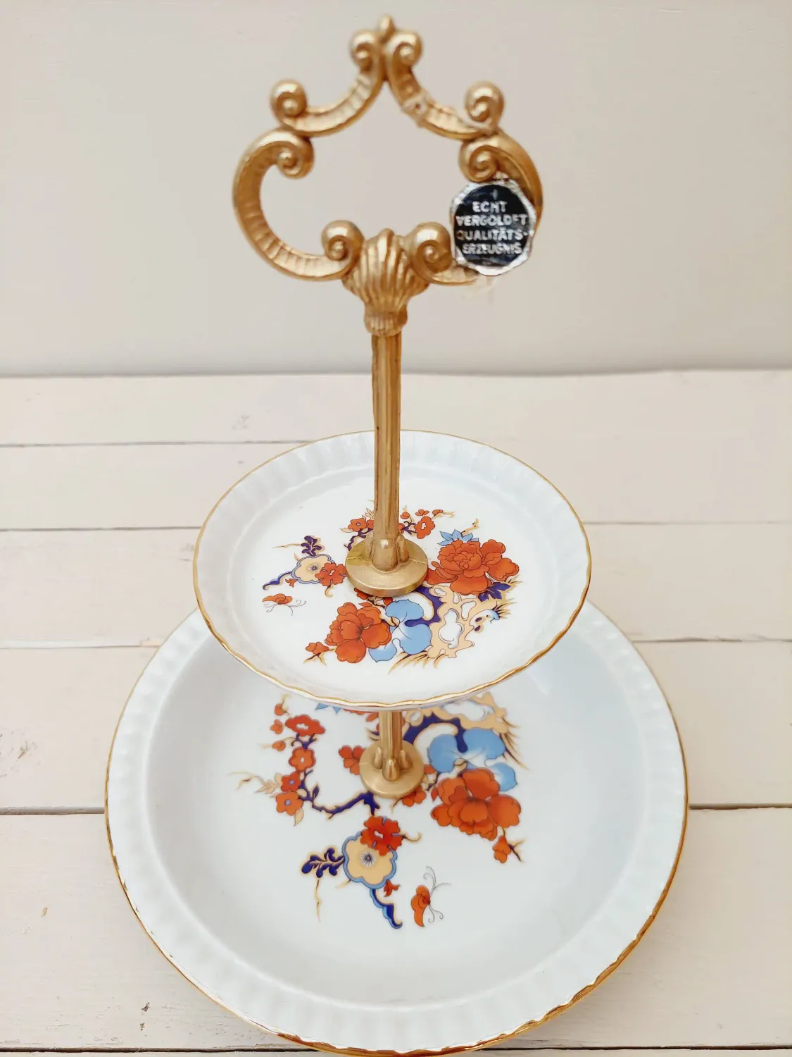 Vintage etagère Bareuther - 2 borden - verguld sierlijk handvat