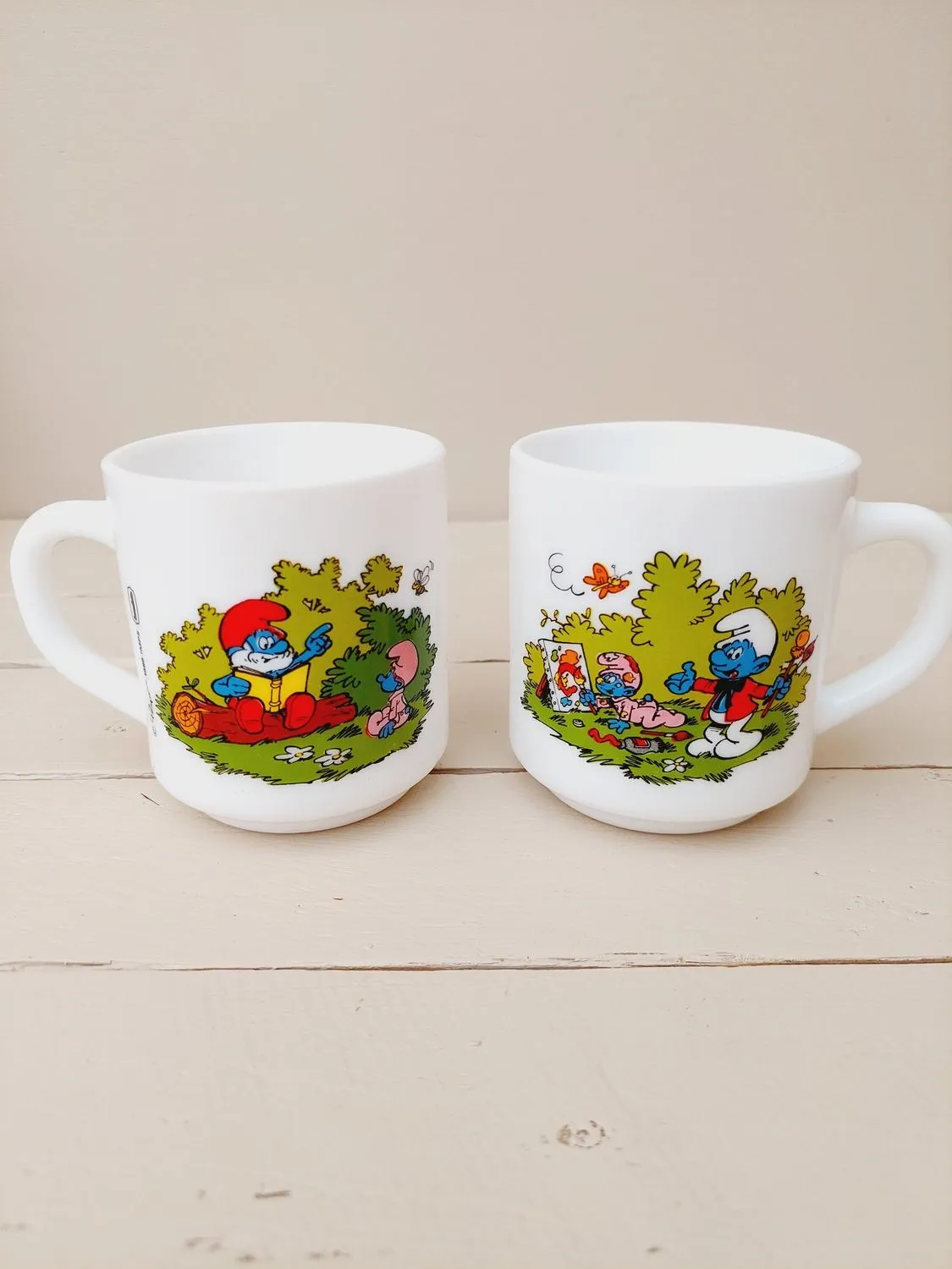 Vintage mokken &#39;De Smurfen&#39;, Arcopal, 1986, set van 2