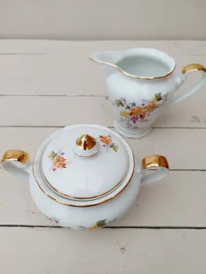 Roomstel Epiag voor melk en suiker, met bloemen en gouden randen