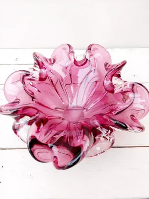 Vintage art Murano sierschaal - rood / paars / helder glas - dubbele laag glas