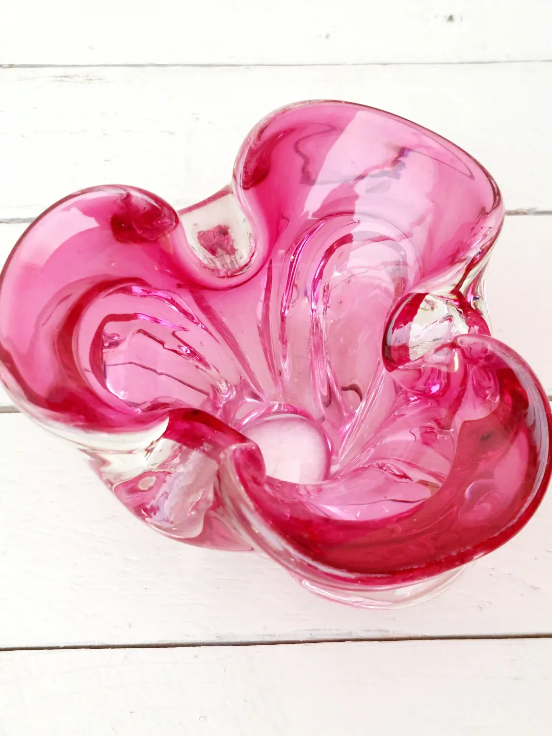 Vintage art Murano sierschaaltje - rood / paars / helder glas - dubbele laag glas